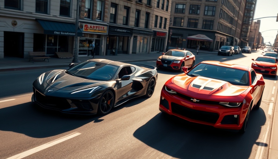 C8 Corvette and Camaro in urban chase, bright daylight.