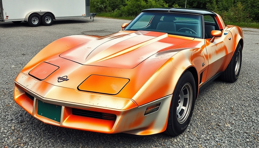 1982 Corvette restoration project, faded paint on gravel lot.