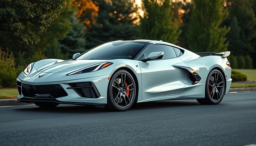 Sleek white C8 Corvette parked on a road with greenery.