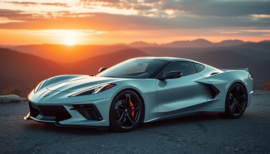 Futuristic white Corvette EV concept with sunset mountains.