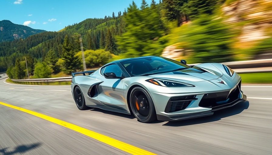 C8 Corvette with black box technology driving through scenic mountain road.