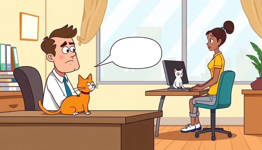 Cartoon scene of a man, a cat, and a woman in an office.