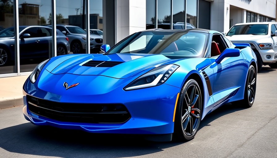 New blue Corvette displayed at dealership, angled front view.