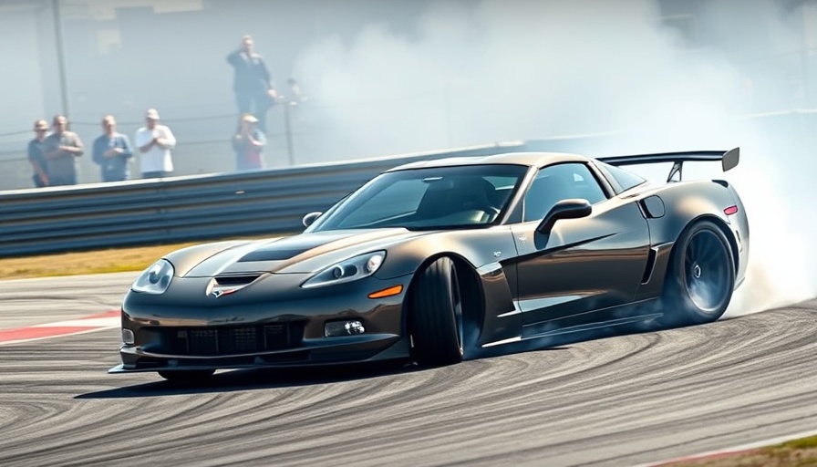 Custom C6 Corvette Z06 drifting on track with smoke trails.