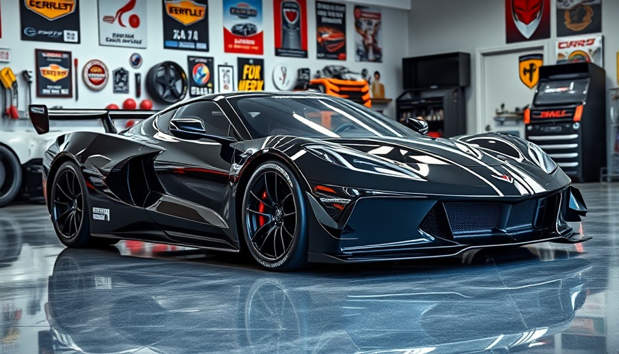 Black Chevrolet Corvette race car in a garage, sleek and pristine.