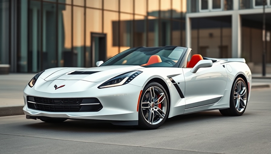 Sleek white Corvette convertible parked at modern building, vibrant orange interior.