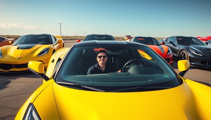 Yellow C8 Corvette Z06 with driver wearing heart sunglasses, parked among cars.