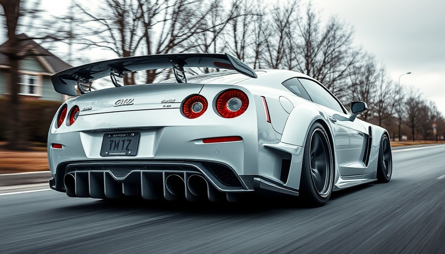 Modified white sports car with complex exhaust system on suburban road.