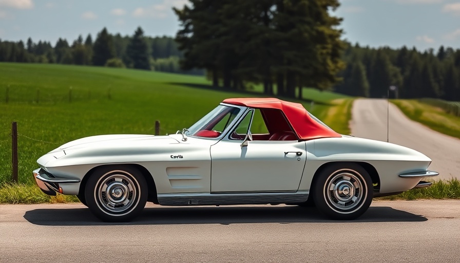 1963 Corvette convertible in white with red top on country road.