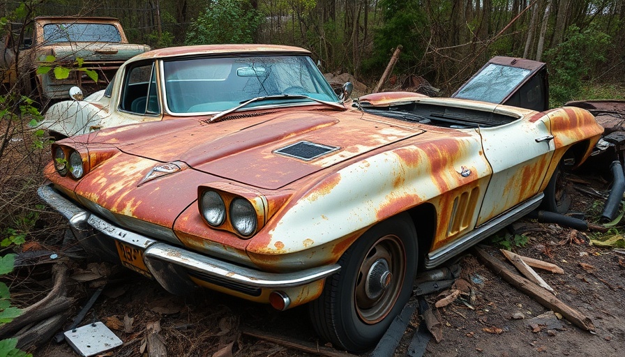 Abandoned Corvettes decaying in a junkyard, highlighting neglect.