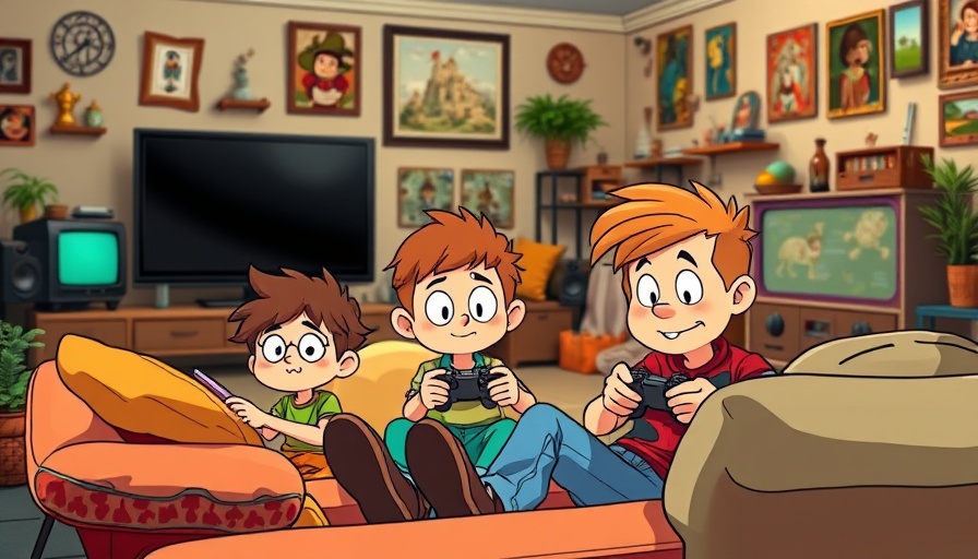 Cartoon characters gaming on a sofa, cozy room setup, life goals for car enthusiasts.