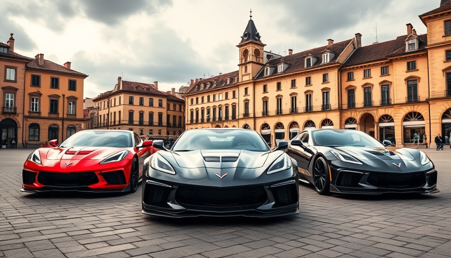 Corvette racing cars displayed at historic square for Le Mans.