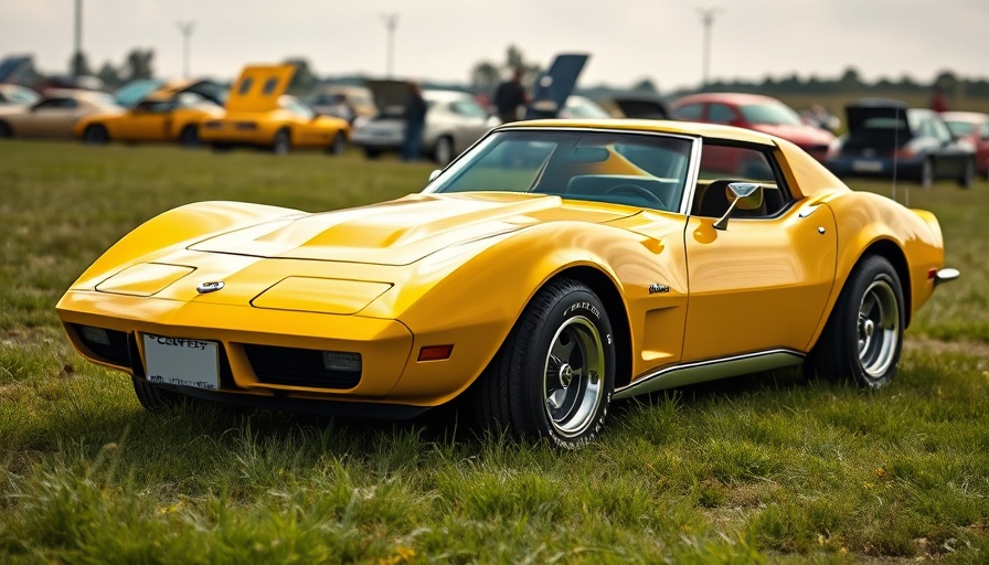 Vintage yellow 1973 Corvette Coupe in a grassy field at a car show.