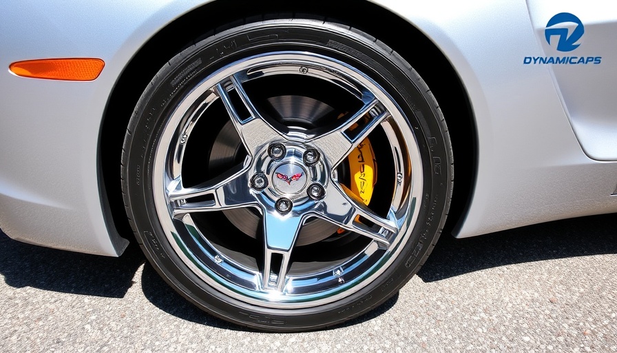 DynamicCaps logo on shiny chrome Corvette wheel for C7 and C8.