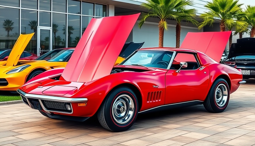 1968 Corvette with open hood at car show, vivid red, outdoors.