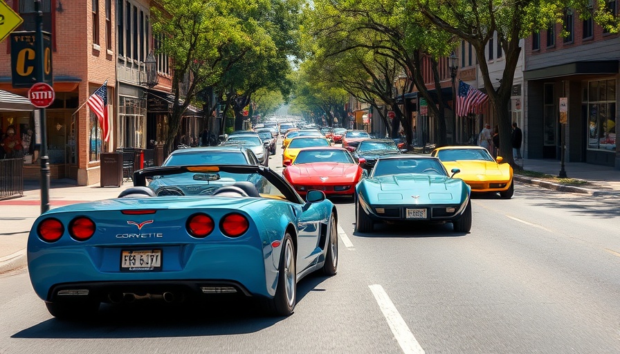 Colorful Corvette convoy at Texas car show, vibrant street scene.