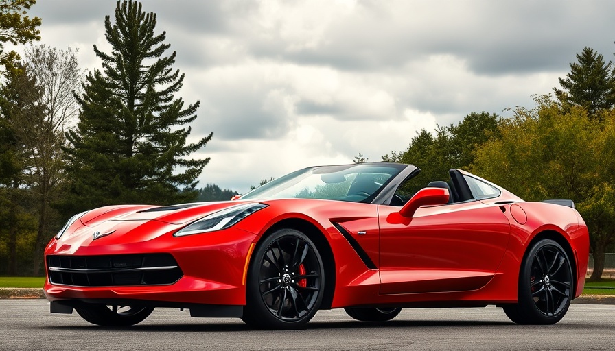 Sleek red Chevrolet Corvette parked outdoors under a cloudy sky.