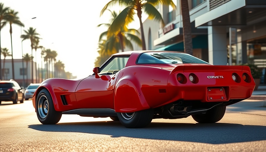 Sleek red 1979 Corvette C3 parked on a sunny street with palm trees.