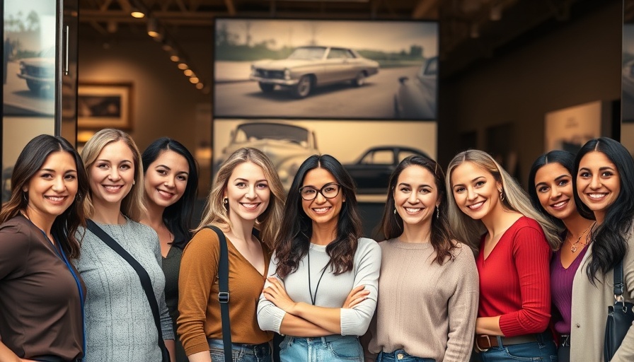 Elfi's Sisterhood Women Corvette Enthusiasts posing at museum entrance.