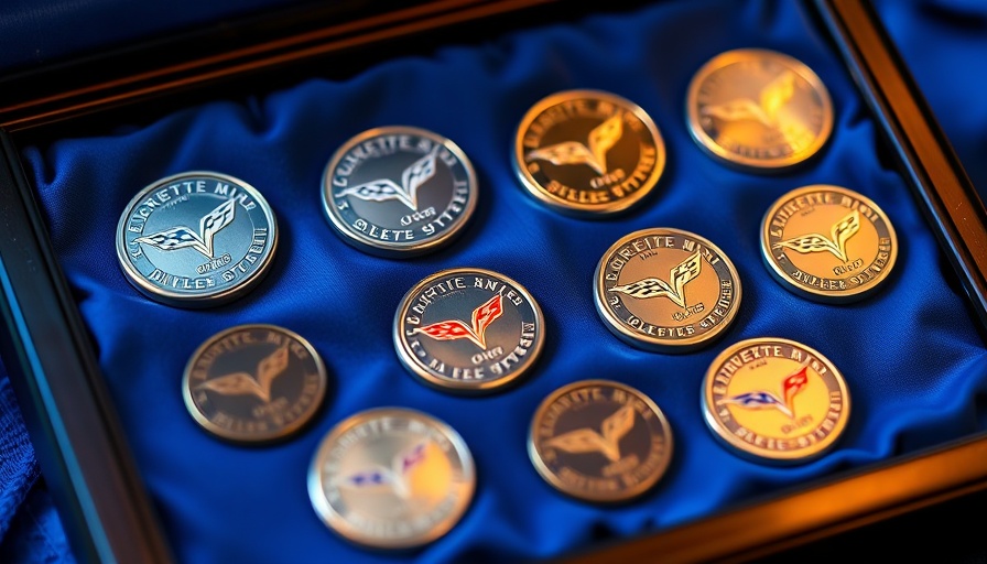 Pacific Mint Corvette Collectors Edition medallions in a display case.