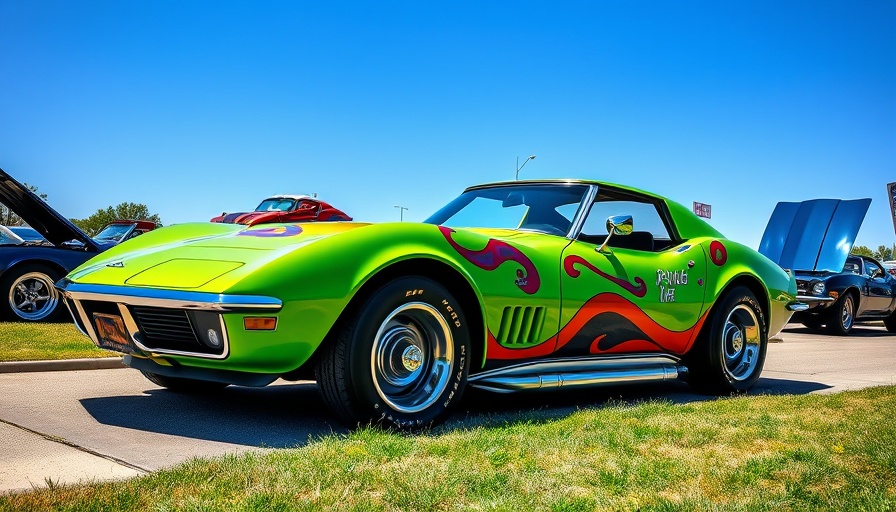 Psychedelic 1969 Corvette at a car show with vibrant patterns.