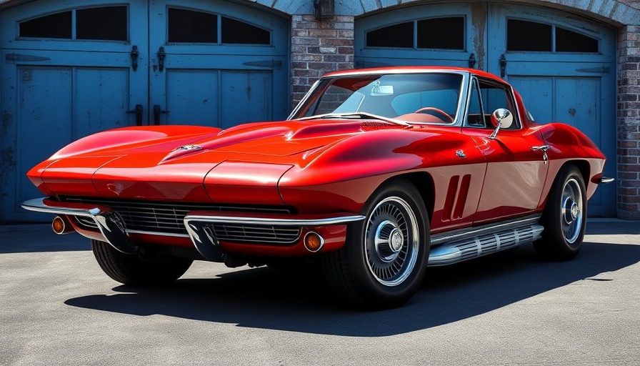 Vintage red Chevrolet Corvette for sale used outside an old garage.
