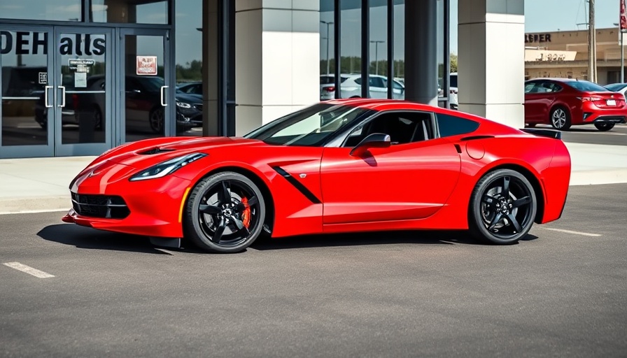 Red Corvette at dealership ready for delivery.