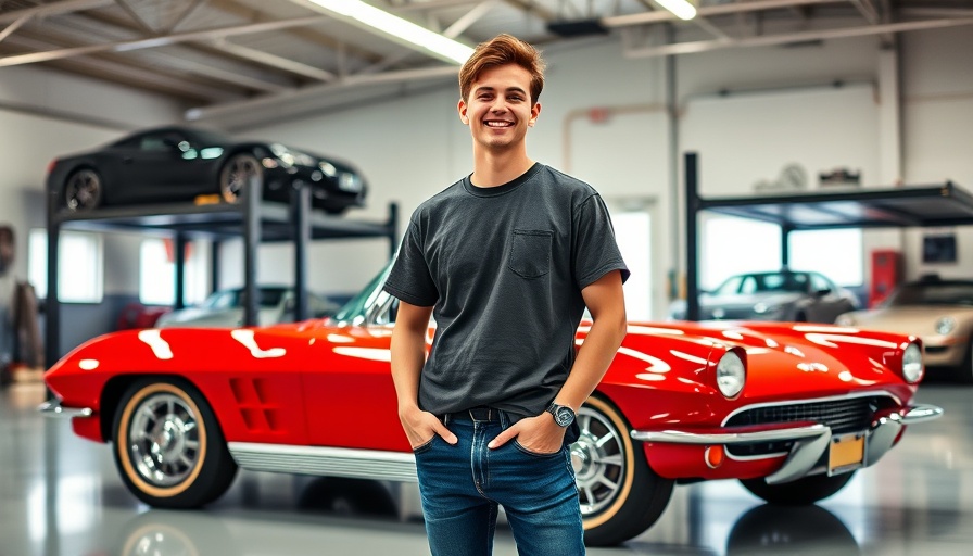 Young person with a classic red Corvette in a garage, young Corvette donors.