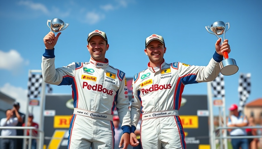 Racing drivers celebrating with trophies at an event.