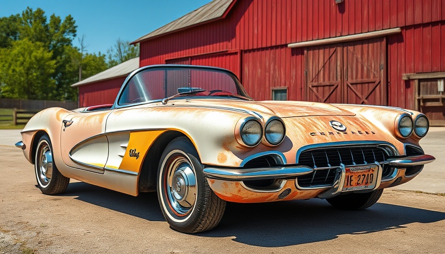 Vintage 1960 Corvette with patina in front of barn, ready for restoration.