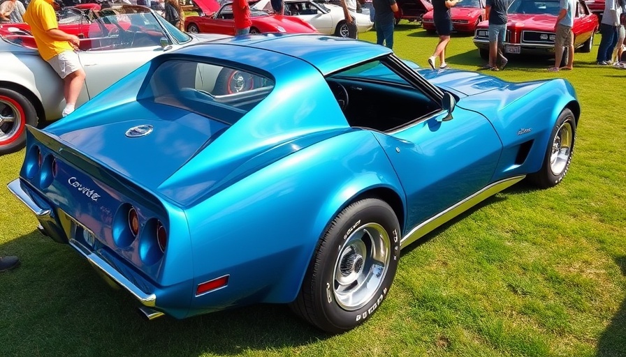 Vibrant blue 1975 Corvette Stingray at a car show.