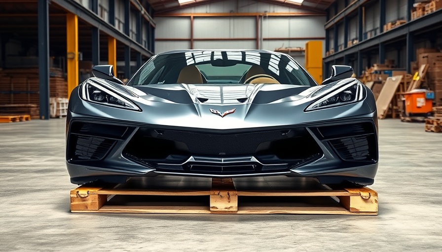 Dismantled C8 Corvette on a pallet in industrial area.