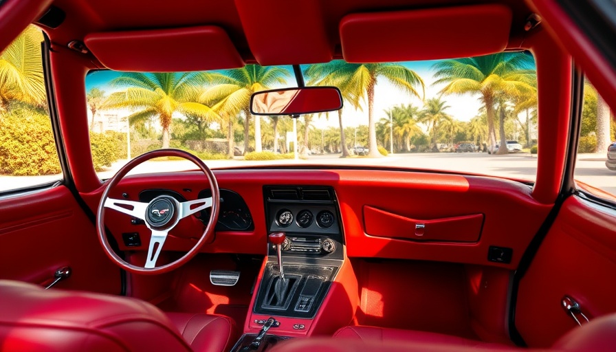 1976 Corvette C3 Stingray red interior with palm background.