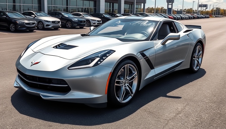 Sleek silver C7 Corvette in dealership lot.