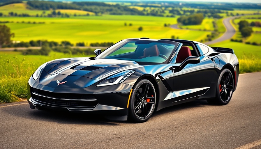 Glossy black Chevrolet Corvette for sale used on scenic road.