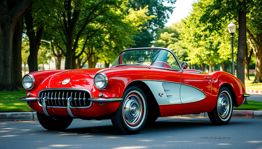 Classic red Chevrolet Corvette for sale, used model parked.