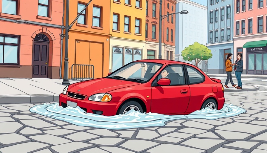 Cartoon of red car in pothole with two onlookers in city