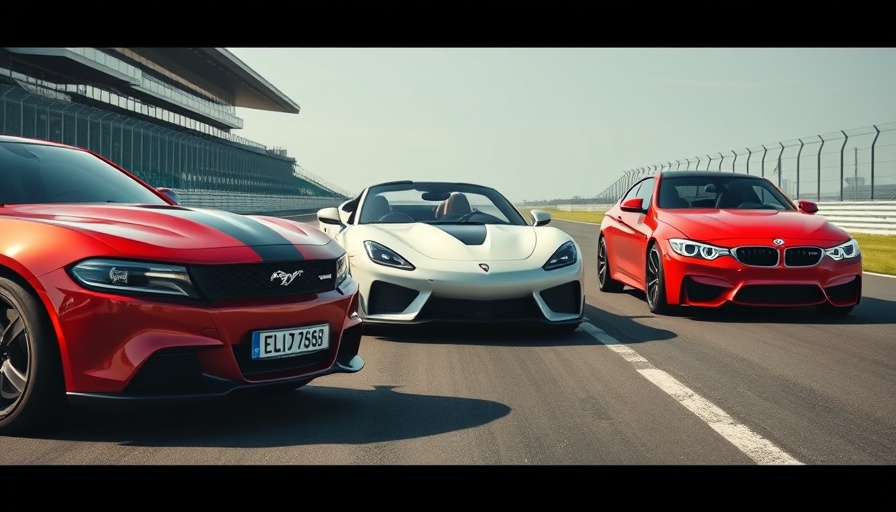 C8 Corvette vs Mustang Dark Horse vs BMW M2 on racetrack in bright daylight.