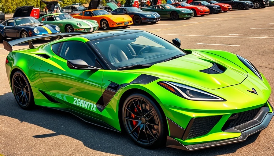 2026 Corvette ZR1X in vibrant green at a car show with classic models.