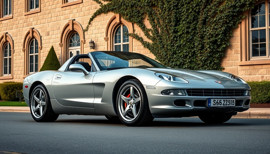 Silver Corvette with perfect stance in front of ivy-covered building.