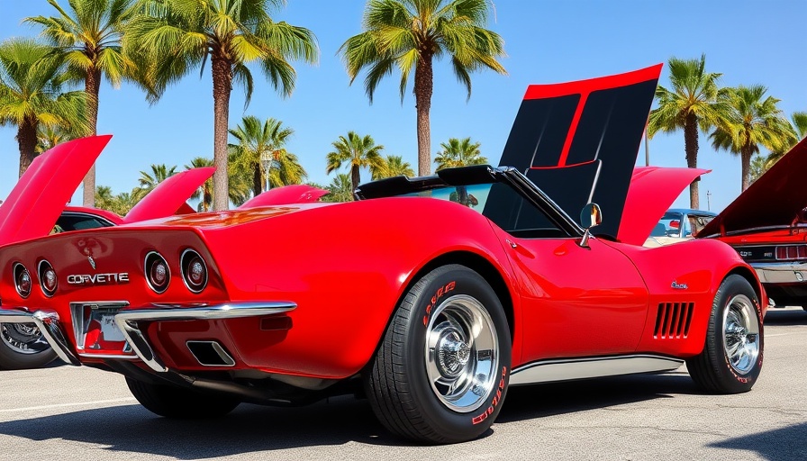 Shiny red 1968 Corvette C3 at outdoor car show with palm trees.
