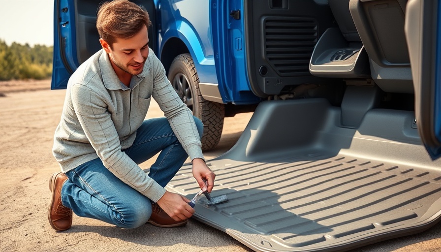 Man caring for all-weather floor liners next to blue vehicle.
