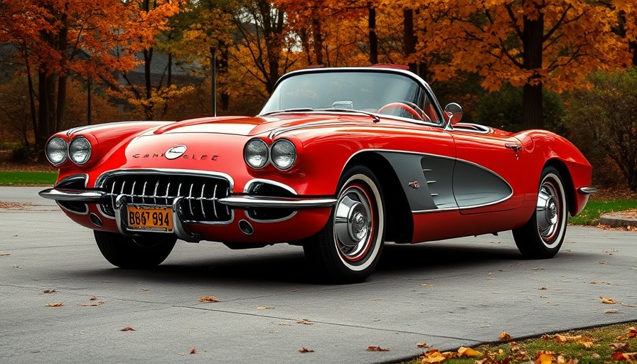 Classic red Chevrolet Corvette for sale used, parked with autumn backdrop.