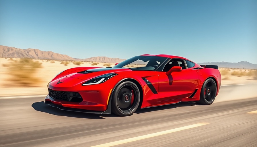 Red Corvette ZR-1 racing in desert landscape under blue sky, 24-hour Corvette ZR-1 record.