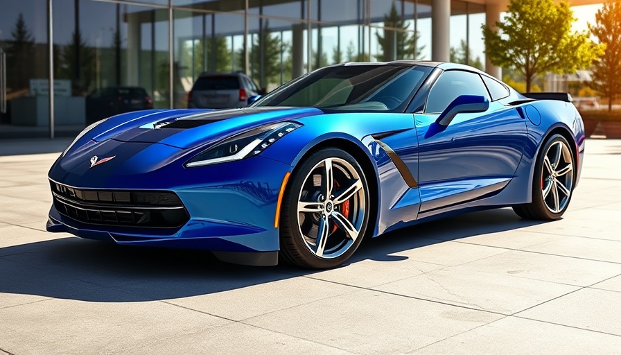 Sleek blue Corvette parked outside showroom on sunny day