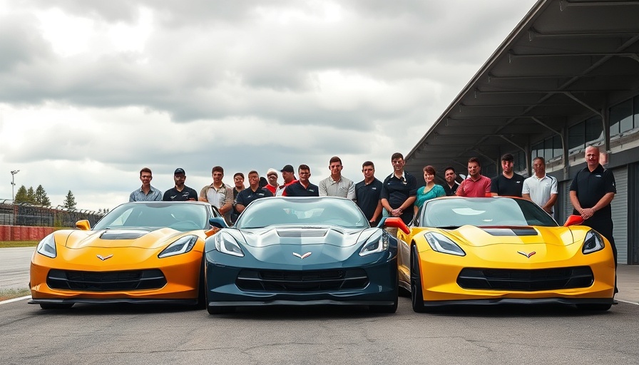 Chevrolet Corvette cars with group at race track, cloudy day.