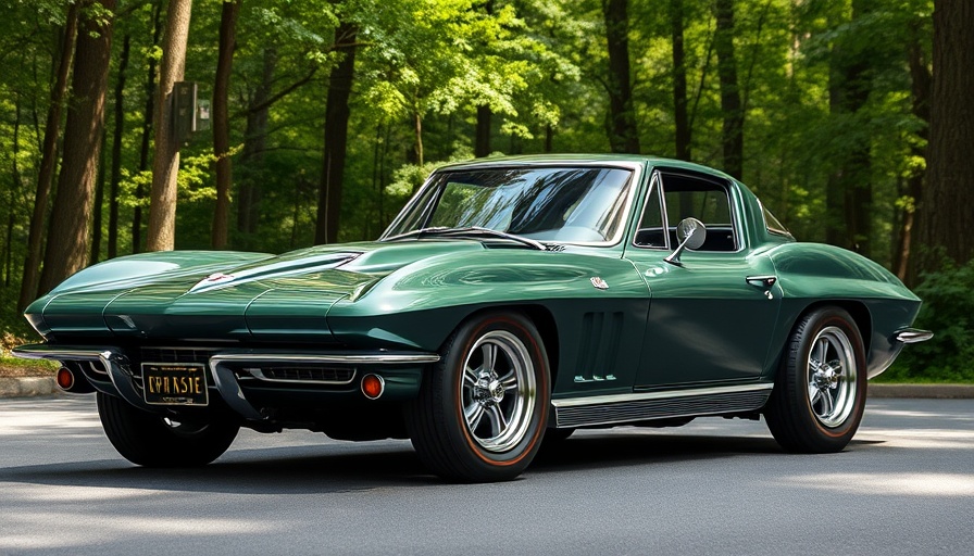 1966 Corvette Coupe in lush woodlands, showcasing classic design.