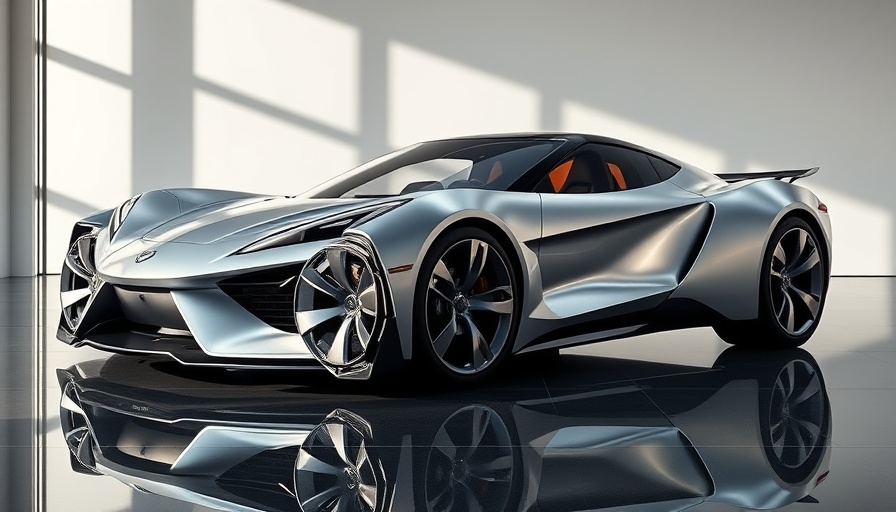 Corvette CX concept car in modern showroom, sleek design.