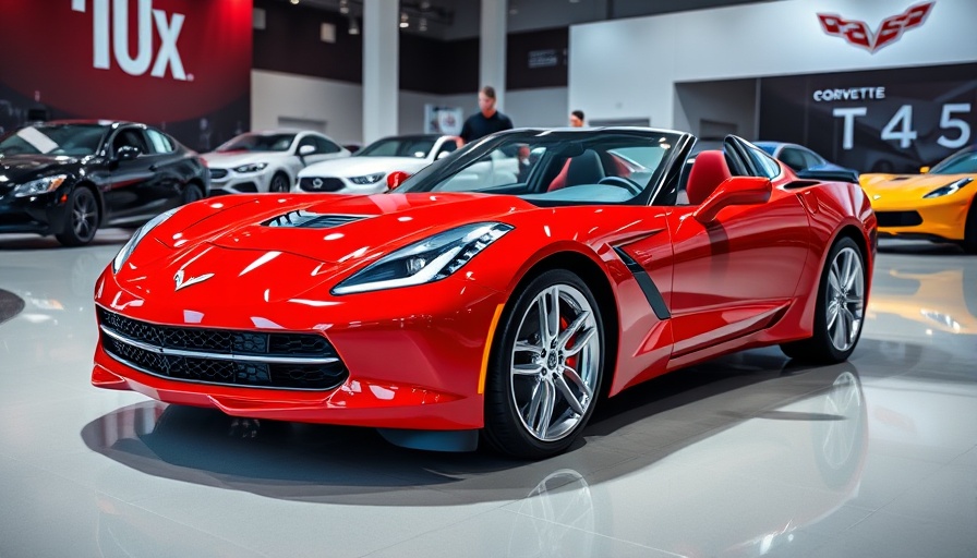 Shiny red Corvette at Monterey Car Week event display.