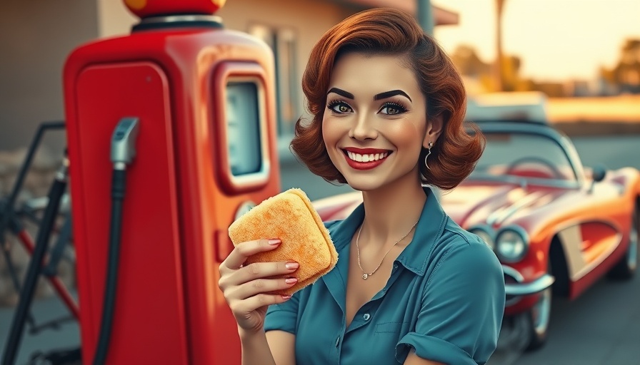 Retro cartoon of smiling woman with sponge by Corvette gas station